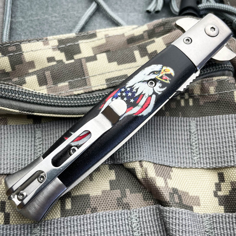 9" Eagle American USA Flag Tactical Spring Assisted Folding Pocket Knife Blade - BLADE ADDICT