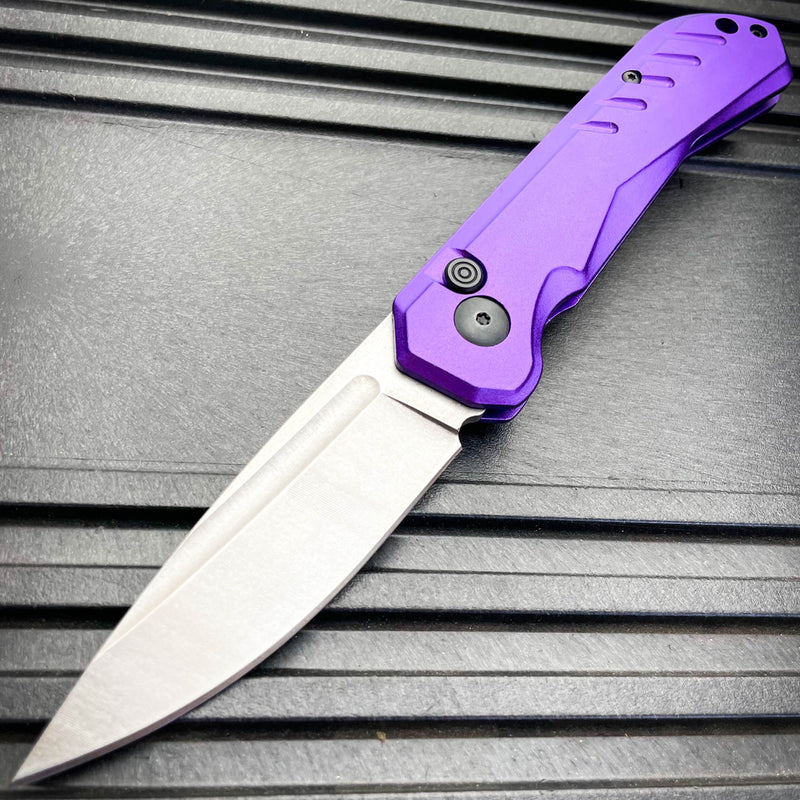 Clip Point Military Switch Blade Pocket Knife Purple - BLADE ADDICT