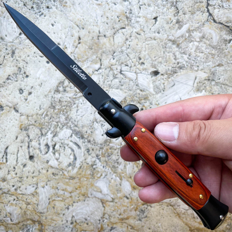 8.75" Black Italian Stiletto Switch Blade Pocket Knife - BLADE ADDICT