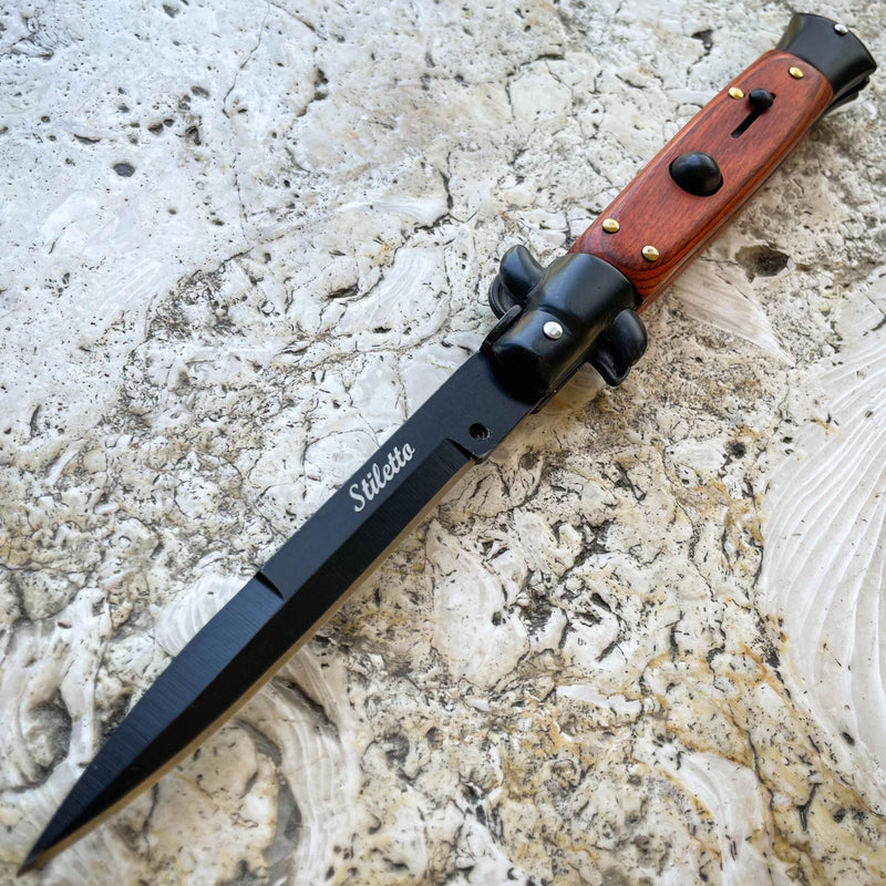 8.75" Black Italian Stiletto Switch Blade Pocket Knife - BLADE ADDICT
