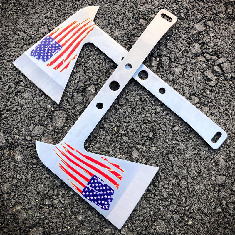 2 PC SILVER Tactical Axe TWIN Double USA FLAG Tomahawk Hatchet Throwing Knife - BLADE ADDICT