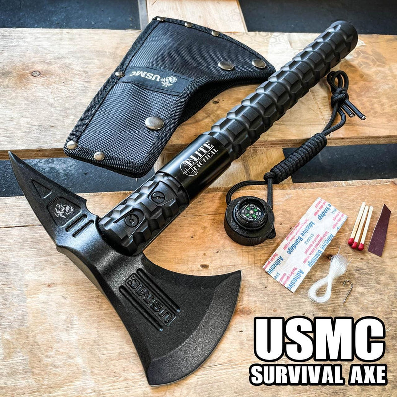 Elite Tactical USMC Marines Military Combat Tomahawk Hatchet AXE w Survival Kit - BLADE ADDICT