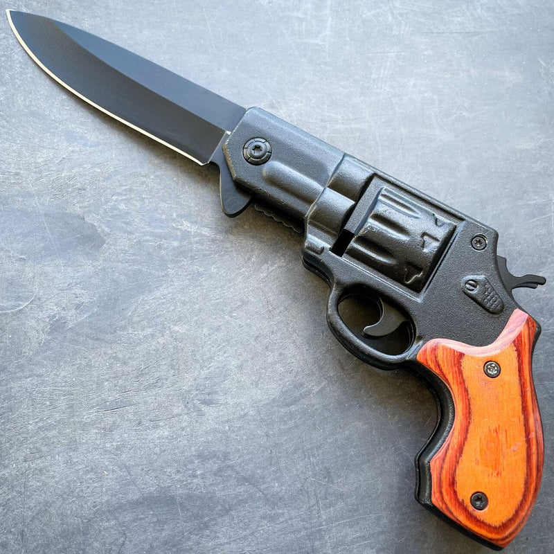 Revolver Spring Assisted Pocket Knife Black w/ Brown Wood - BLADE ADDICT