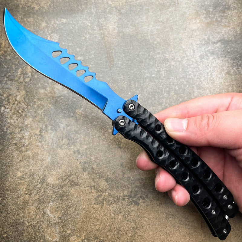 9" The Predator Curved Blade Balisong Blue - BLADE ADDICT