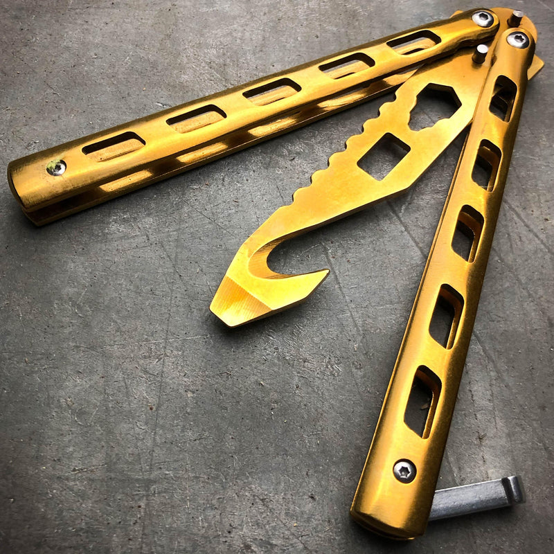 GOLD Butterfly Balisong Trainer Knife Training Comb Blade Stainless Practice Bottle Opener Hook - BLADE ADDICT