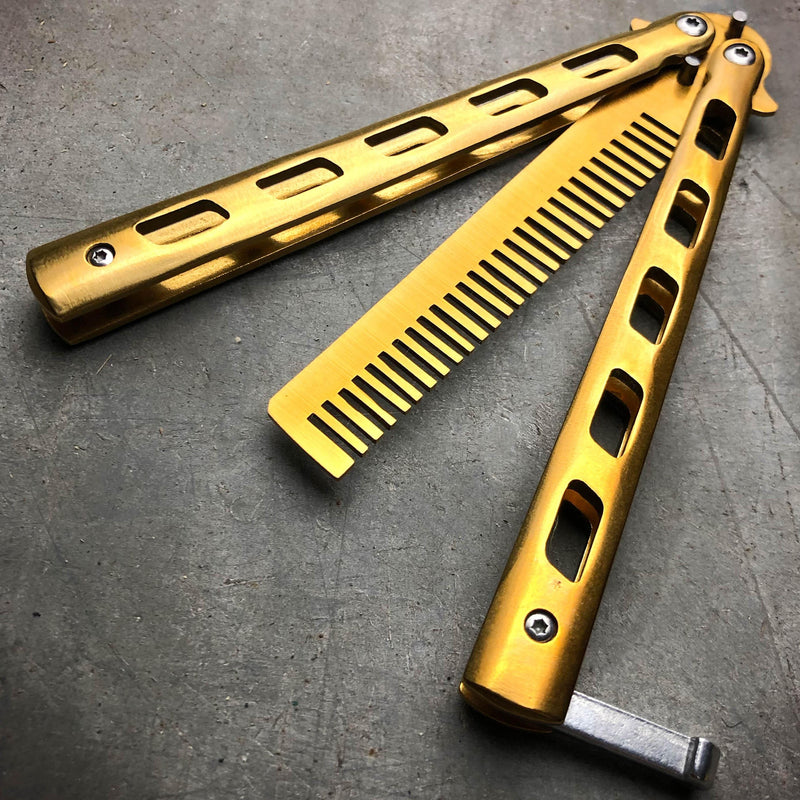 GOLD Butterfly Balisong Trainer Knife Training Comb Blade Stainless Practice Brush Comb - BLADE ADDICT