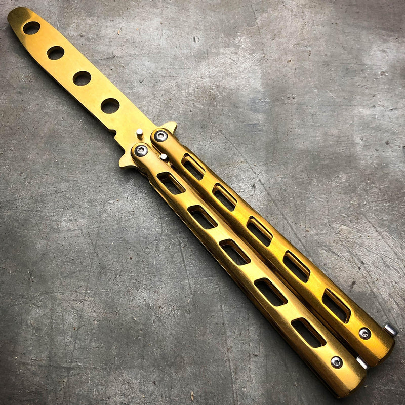 GOLD Butterfly Balisong Trainer Knife Training Comb Blade Stainless Practice - BLADE ADDICT
