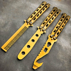 GOLD Butterfly Balisong Trainer Knife Training Comb Blade Stainless Practice - BLADE ADDICT