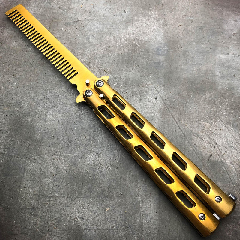 GOLD Butterfly Balisong Trainer Knife Training Comb Blade Stainless Practice - BLADE ADDICT