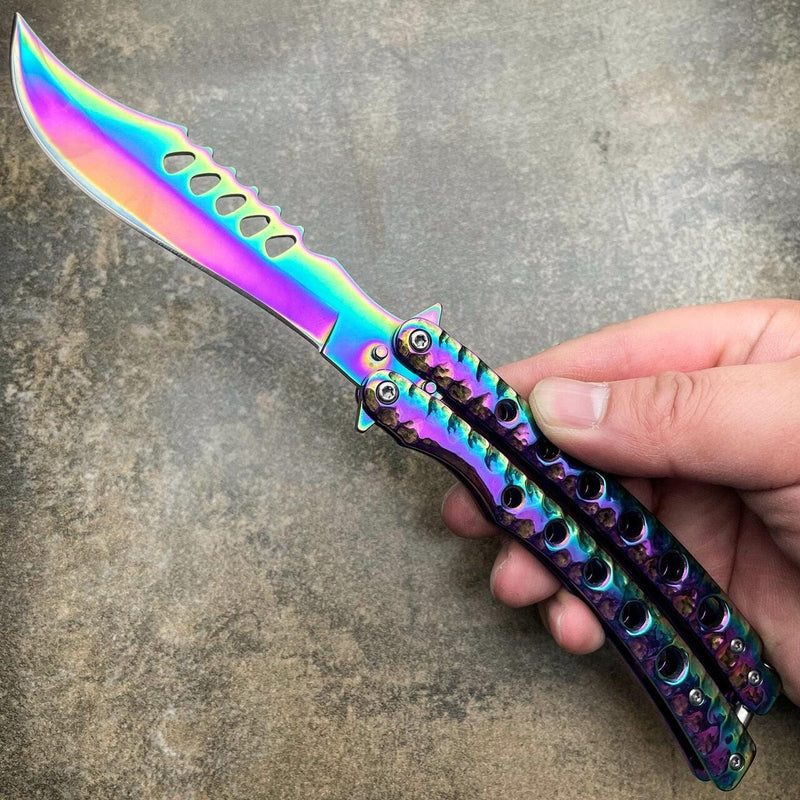 9" The Predator Curved Blade Balisong Rainbow - BLADE ADDICT