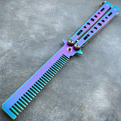 Practice BALISONG METAL BUTTERFLY Assorted Trainer Knife BLADE Comb Brush NEW Rainbow - Comb Blade - BLADE ADDICT