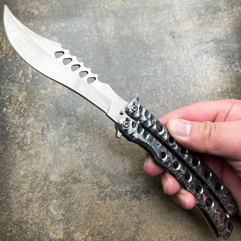 9" The Predator Curved Blade Balisong Silver - BLADE ADDICT
