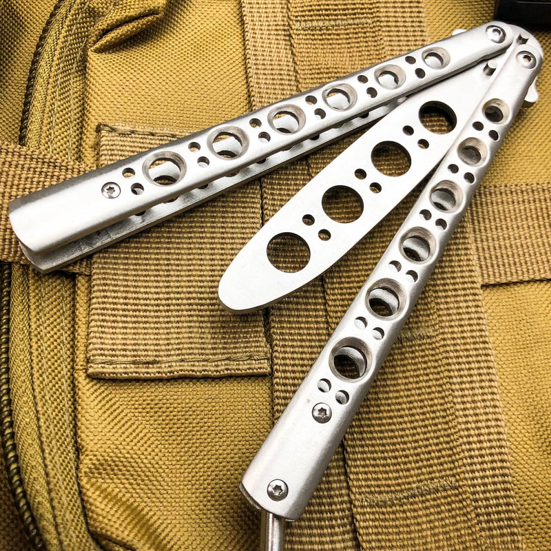 Butterfly Balisong Trainer Knife Training Dull Tool Stainless Metal Practice NEW Silver - BLADE ADDICT