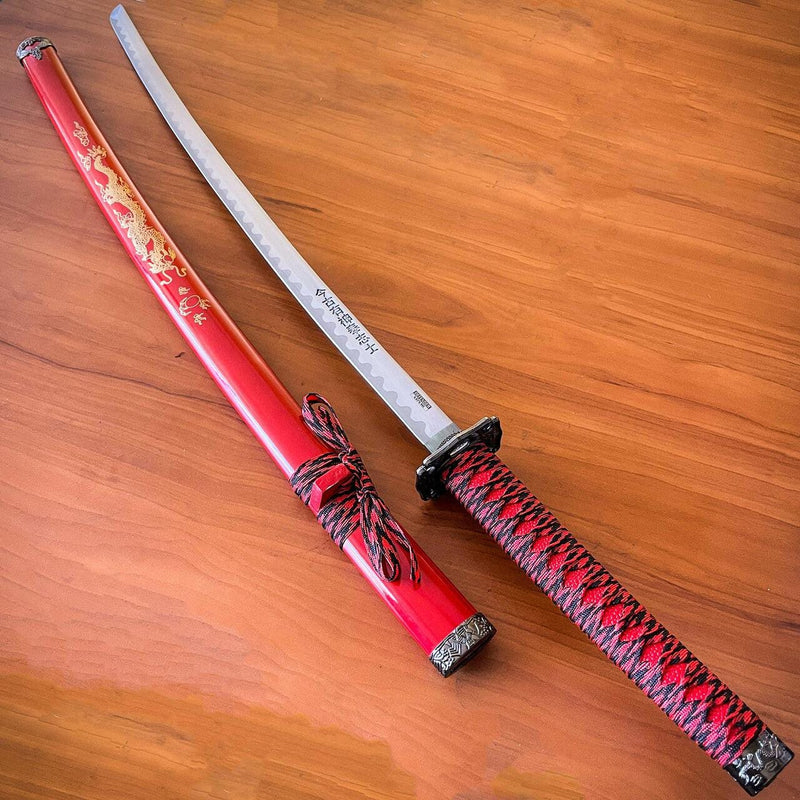 Japanese Samurai Sword KATANA High Carbon Steel Ninja RED Dragon Blade w/ Stand - BLADE ADDICT