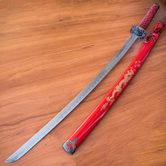 Japanese Samurai Sword KATANA High Carbon Steel Ninja RED Dragon Blade w/ Stand - BLADE ADDICT