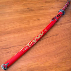 Japanese Samurai Sword KATANA High Carbon Steel Ninja RED Dragon Blade w/ Stand - BLADE ADDICT