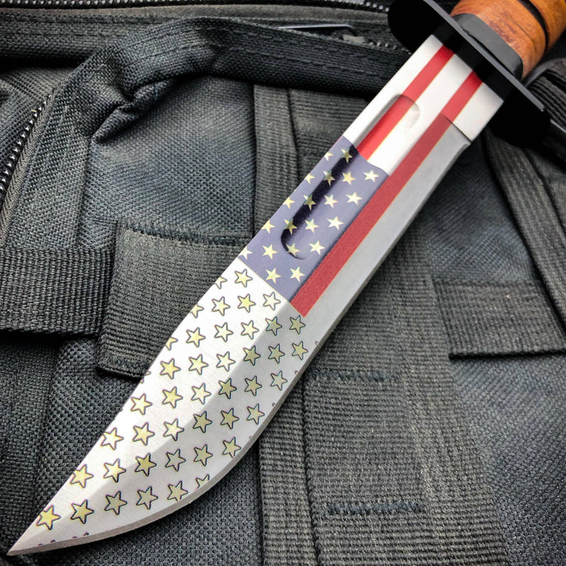 12" Military Tactical USA FLAG WWII COMBAT Fixed Blade Survival Hunting KNIFE - BLADE ADDICT