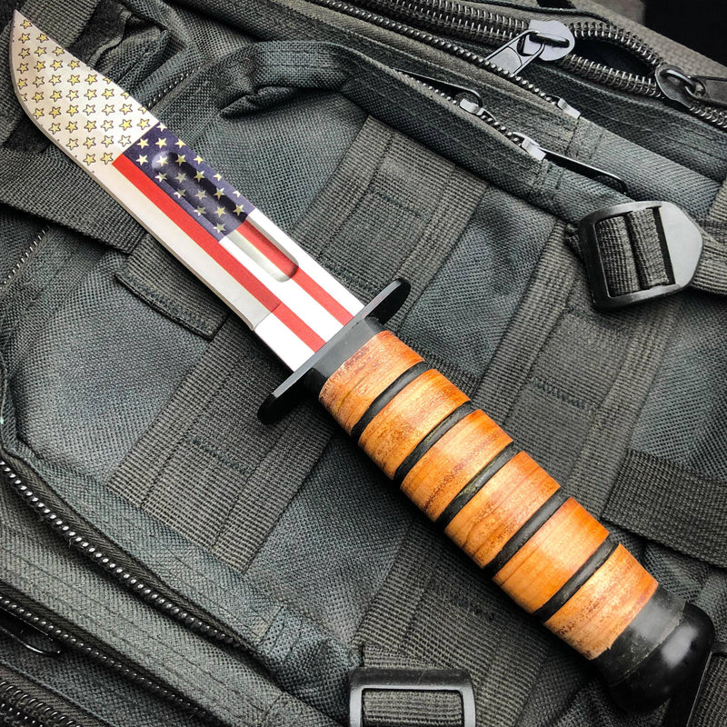 12" Military Tactical USA FLAG WWII COMBAT Fixed Blade Survival Hunting KNIFE - BLADE ADDICT