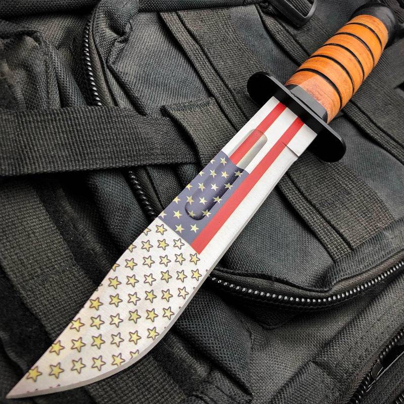 12" Military Tactical USA FLAG WWII COMBAT Fixed Blade Survival Hunting KNIFE - BLADE ADDICT