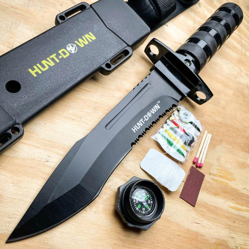 12" Tactical Camping Hunting Rambo Fixed Blade Knife BLACK Bowie + Survival KIT - BLADE ADDICT