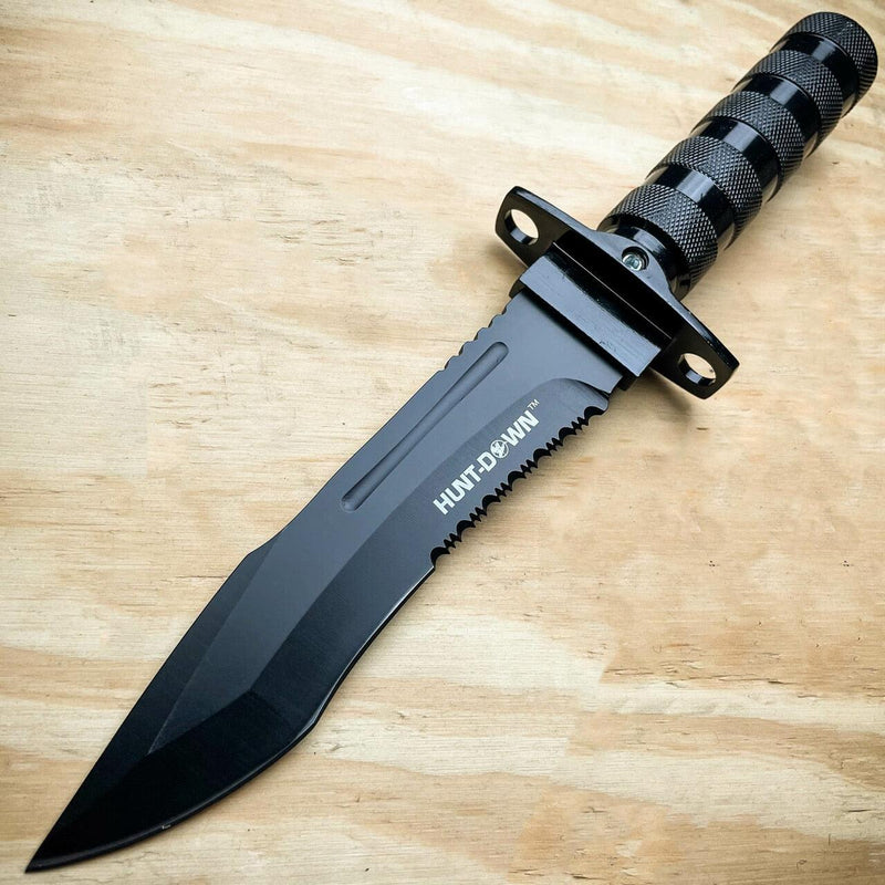 12" Tactical Camping Hunting Rambo Fixed Blade Knife BLACK Bowie + Survival KIT - BLADE ADDICT