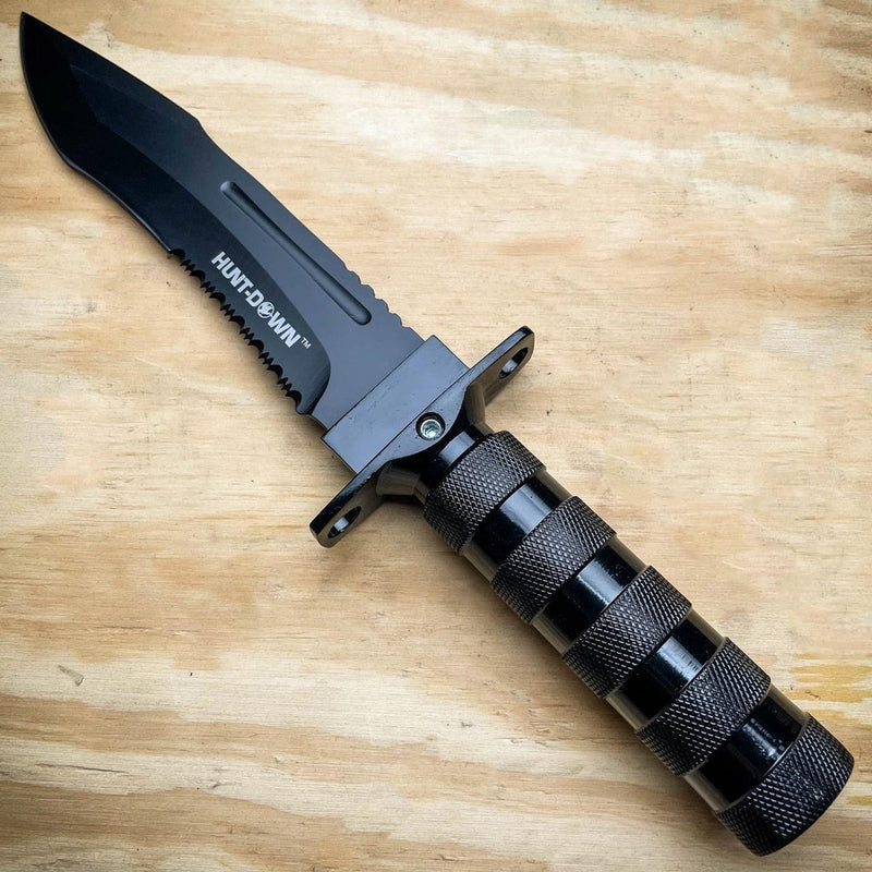 12" Tactical Camping Hunting Rambo Fixed Blade Knife BLACK Bowie + Survival KIT - BLADE ADDICT