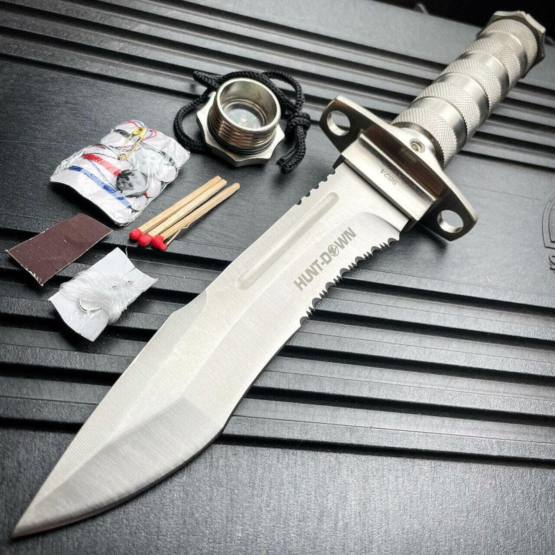 12" Tactical Camping Hunting Rambo Fixed Blade Knife Chrome Bowie + Survival KIT - BLADE ADDICT
