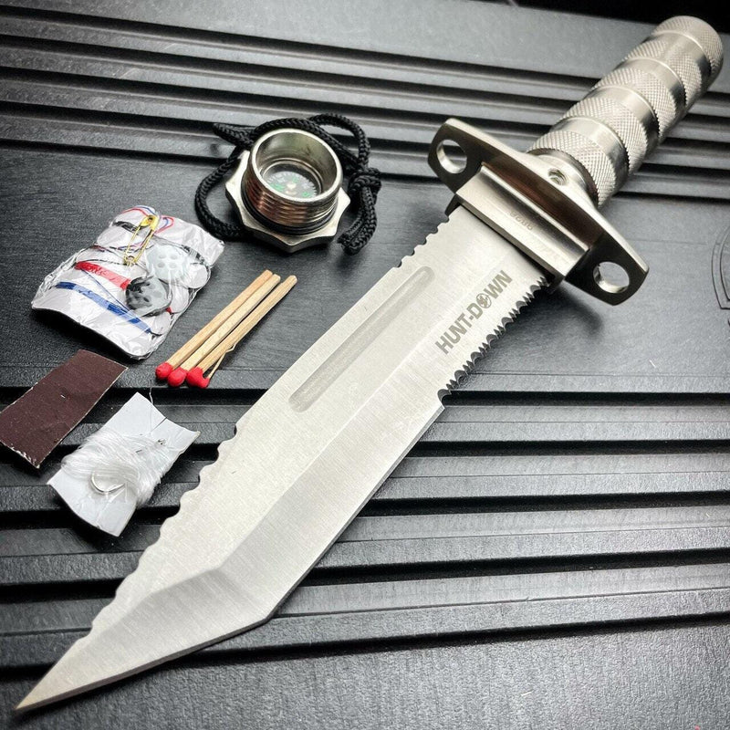 12" Tactical TANTO Hunting Rambo Fixed Blade Knife Chrome Bowie + Survival KIT - BLADE ADDICT
