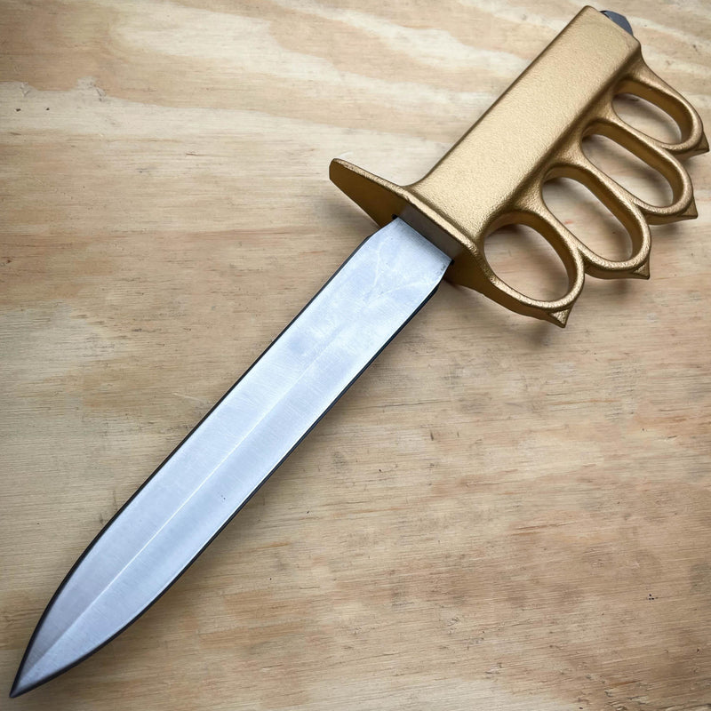 12" U.S. 1918 WORLD WAR 1 KNUCKLE HANDLE TRENCH KNIFE W/ SHEATH Gold - BLADE ADDICT