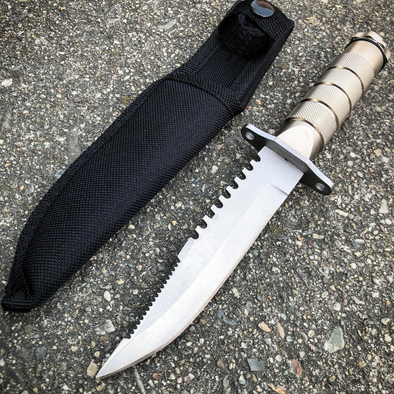 8.5" Tactical Camping Outdoor Fixed Blade Hunting Fishing Knife w Survival Kit Silver - BLADE ADDICT