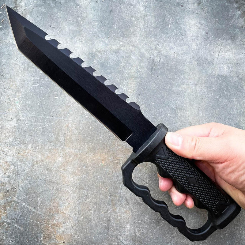 12.5" Survival Knuckle Fixed Blade w/ Compass, Fire Starter, Sharpening Rod - BLADE ADDICT