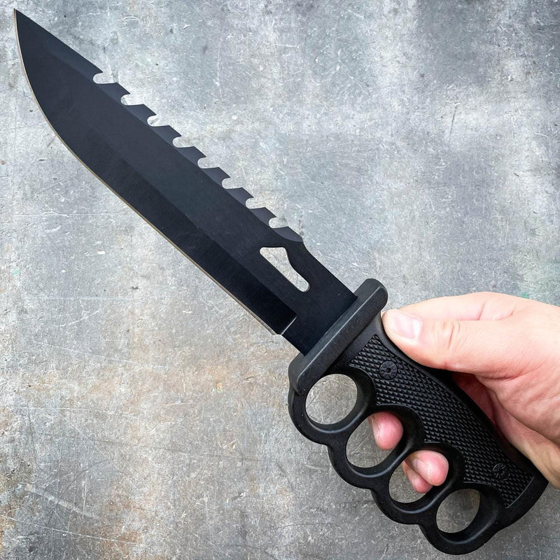 12.5" Survival Knuckle Fixed Blade w/ Compass, Fire Starter, Sharpening Rod - BLADE ADDICT