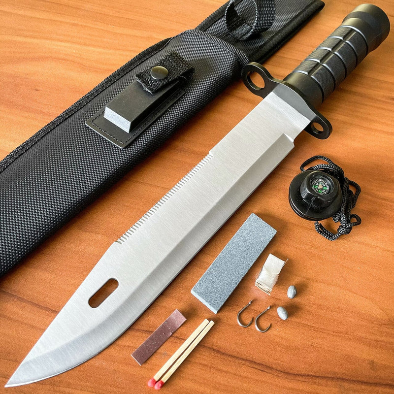 15" Tactical Hunting Rambo Fixed Blade Silver Knife Machete Bowie w Survival Kit - BLADE ADDICT