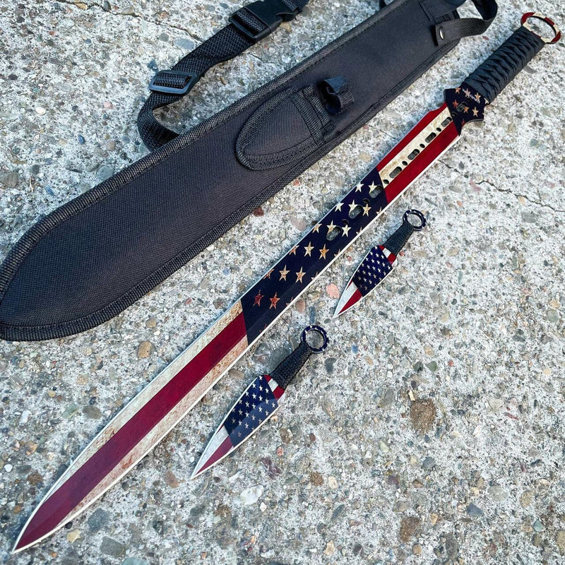 27" American USA Flag Sword Machete + Throwing Knife Set - BLADE ADDICT