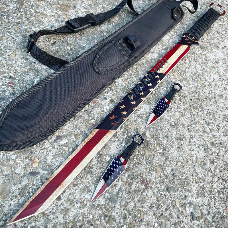 27" American USA Flag Sword Machete + Throwing Knife Set - BLADE ADDICT
