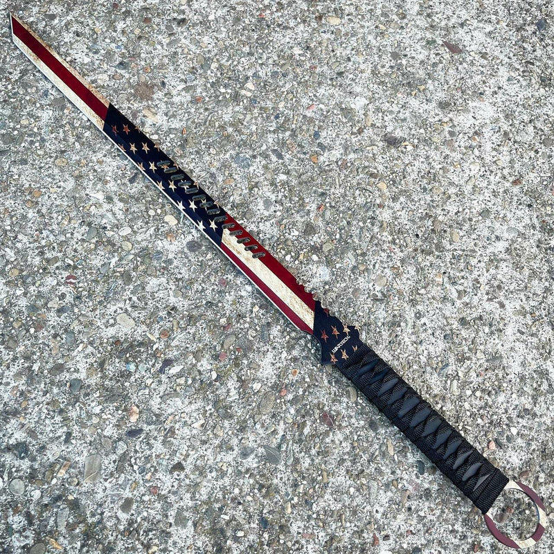 27" American USA Flag Sword Machete + Throwing Knife Set - BLADE ADDICT