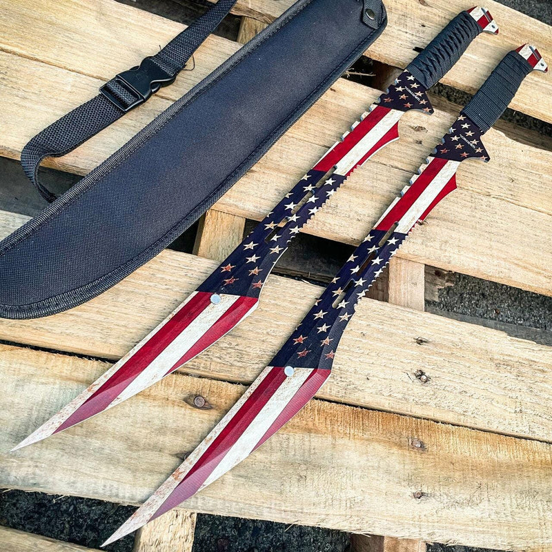 2PC 27" NINJA American USA Flag Twin Sword Machete - BLADE ADDICT