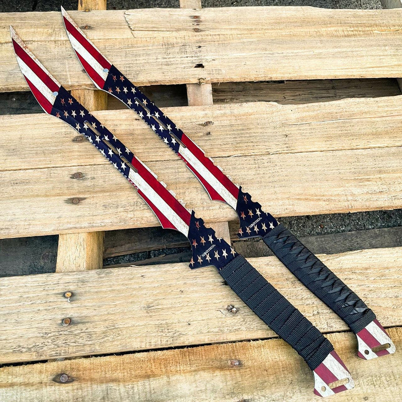 2PC 27" NINJA American USA Flag Twin Sword Machete - BLADE ADDICT