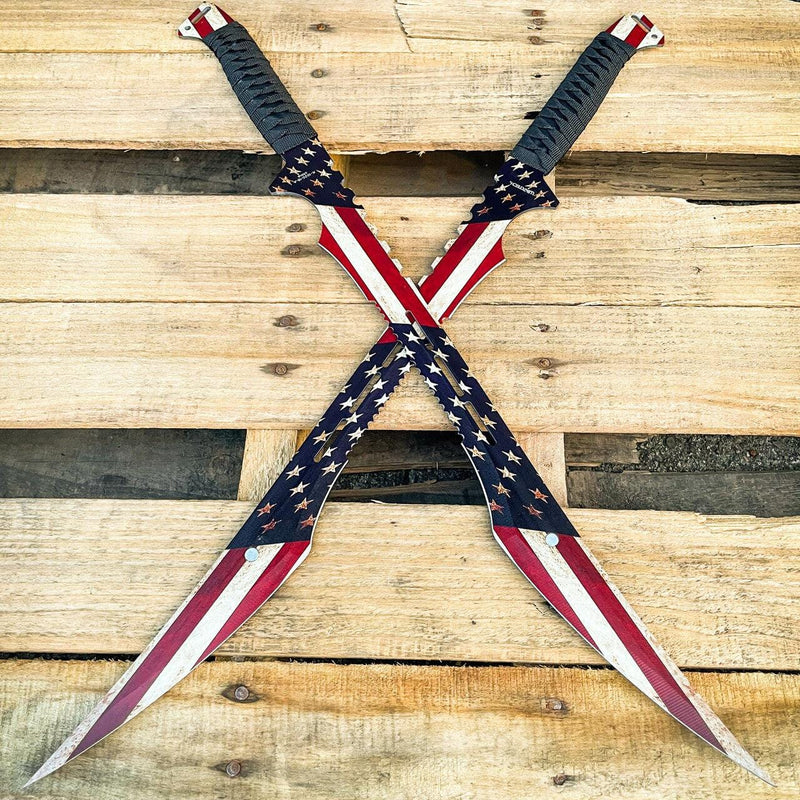 2PC 27" NINJA American USA Flag Twin Sword Machete - BLADE ADDICT