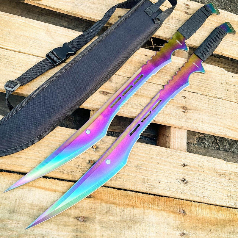 2PC 27" NINJA Rainbow Titanium Twin Katana Samurai Sword Machete Fixed Blade - BLADE ADDICT