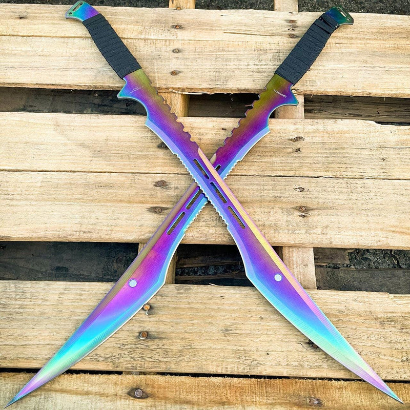 2PC 27" NINJA Rainbow Titanium Twin Katana Samurai Sword Machete Fixed Blade - BLADE ADDICT