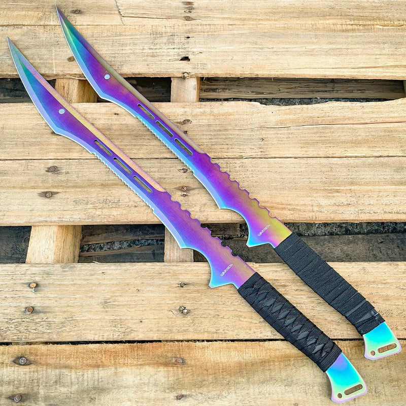 2PC 27" NINJA Rainbow Titanium Twin Katana Samurai Sword Machete Fixed Blade - BLADE ADDICT