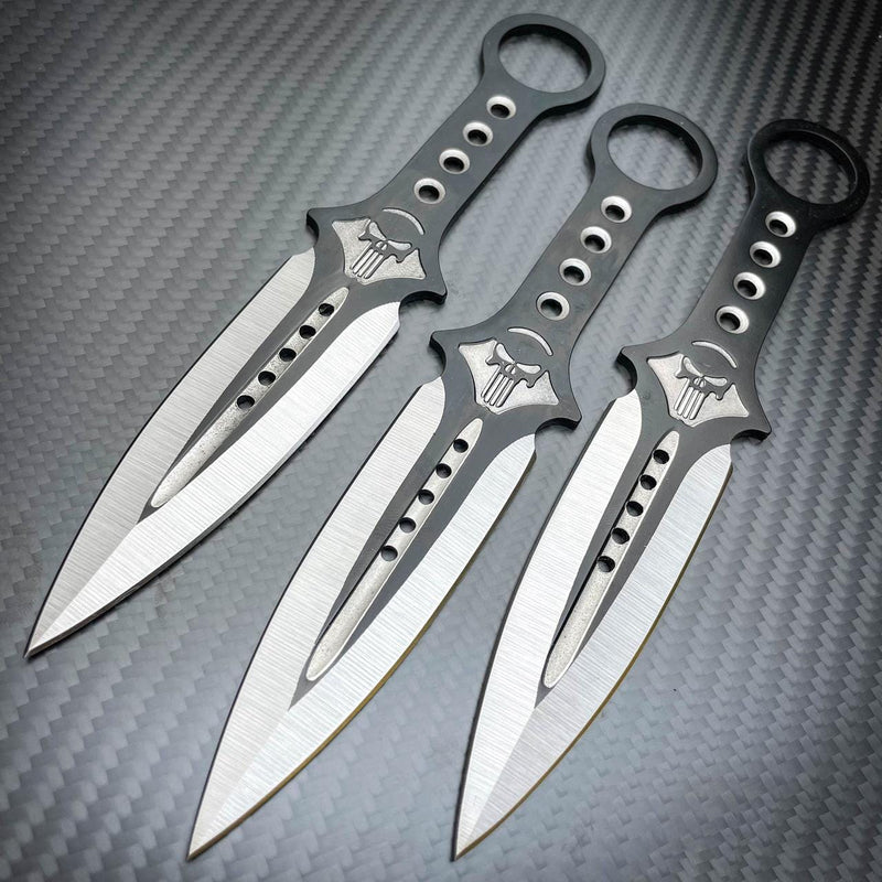 3PC 7.5" Ninja Fixed Blade Tactical Skull Naruto Kunai Throwing Knife Set BLACK - BLADE ADDICT