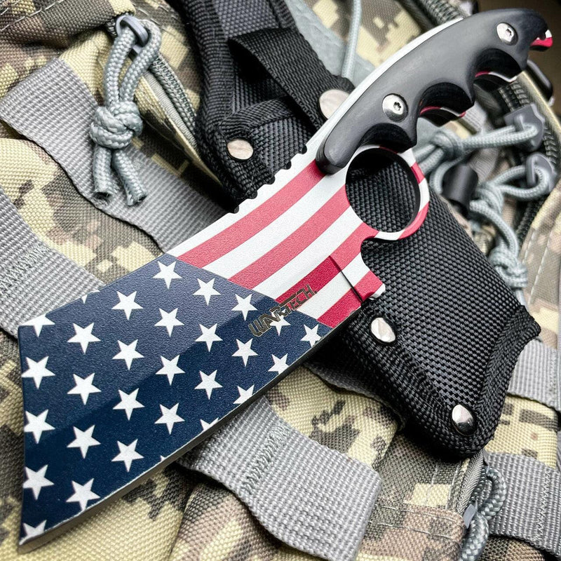 8.25" American USA Flag Survival Camping Hunting Cleaver Fixed Blade Knife - BLADE ADDICT