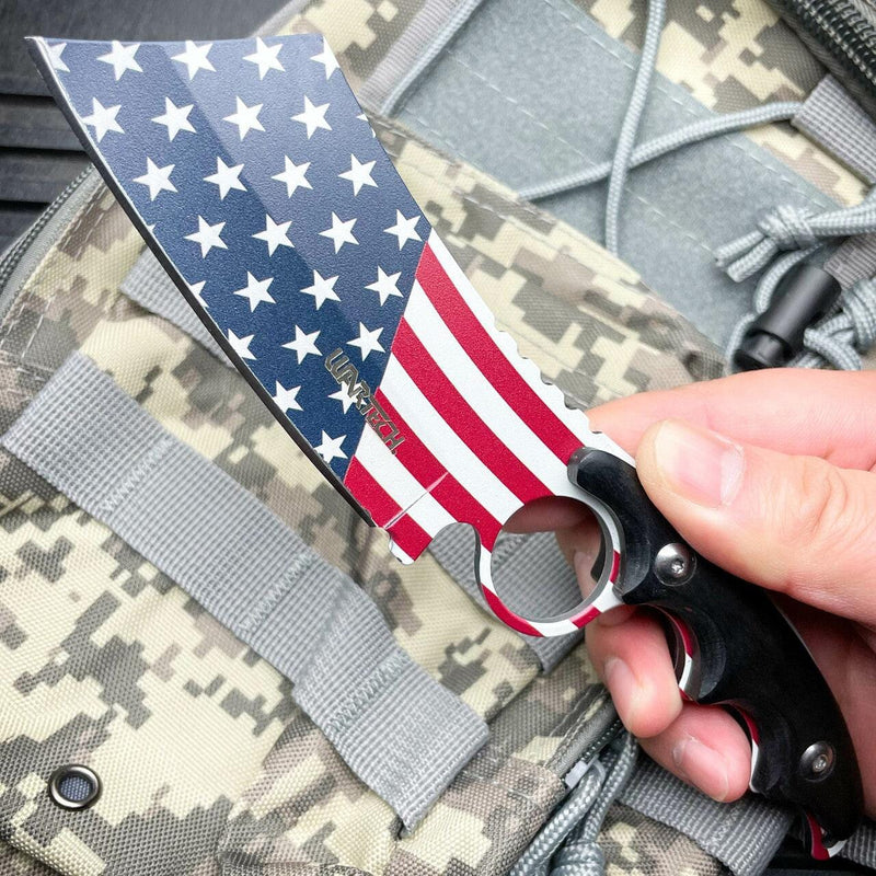 8.25" American USA Flag Survival Camping Hunting Cleaver Fixed Blade Knife - BLADE ADDICT