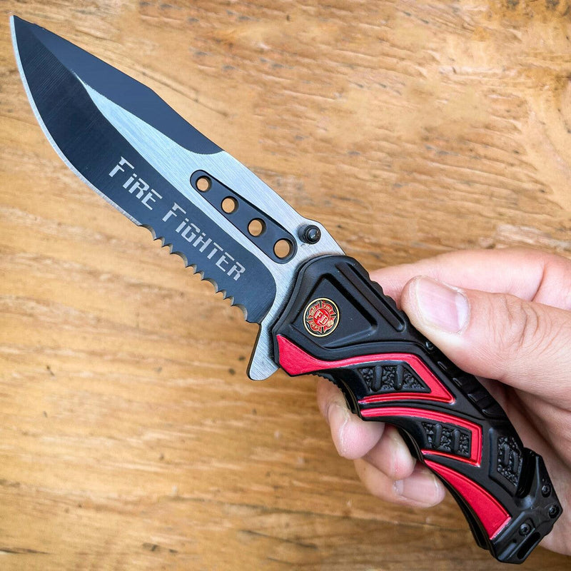8.25" FIRE FIGHTER SPRING OPEN ASSISTED TACTICAL RESCUE FOLDING POCKET KNIFE RED - BLADE ADDICT