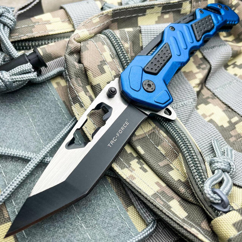 8.25" Tac- Force Blue MILITARY TANTO Rescue Spring Open Assisted Pocket Knife - BLADE ADDICT