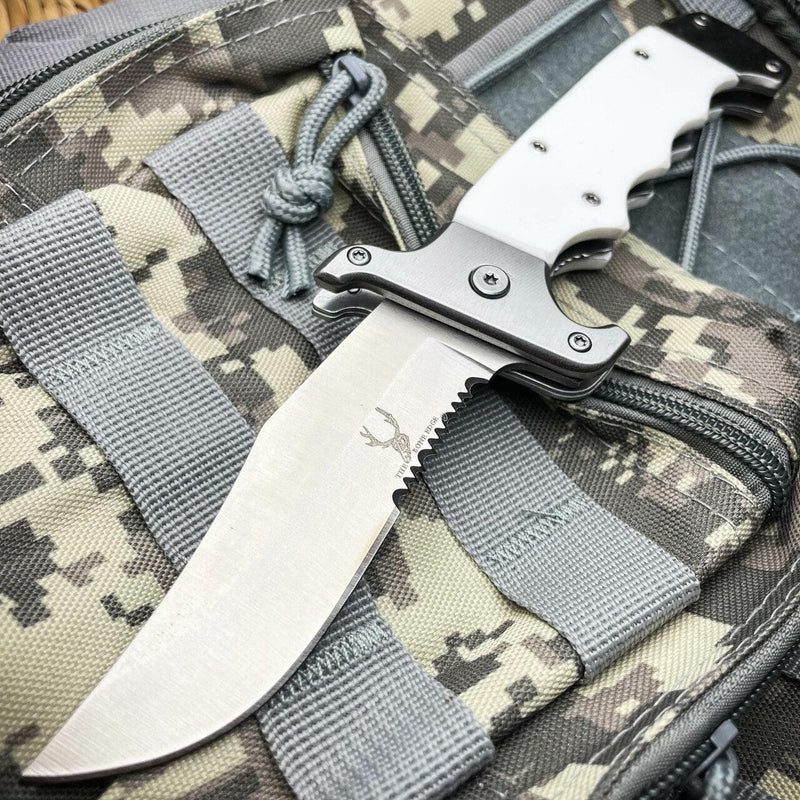 8.7" Outdoor Camping Spring Assisted Open Folding Pocket Knife White Bowie Style - BLADE ADDICT