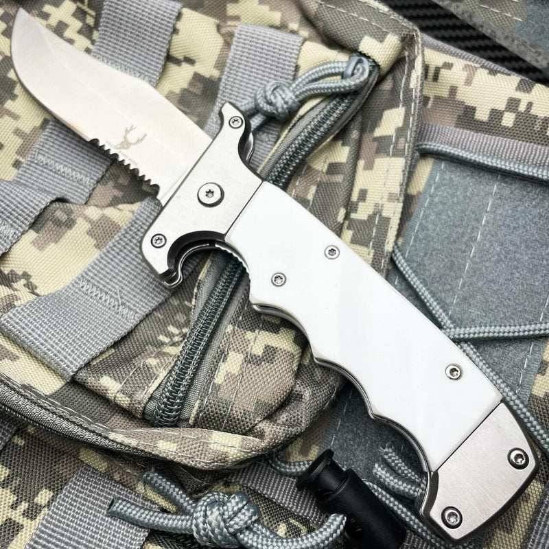 8.7" Outdoor Camping Spring Assisted Open Folding Pocket Knife White Bowie Style - BLADE ADDICT