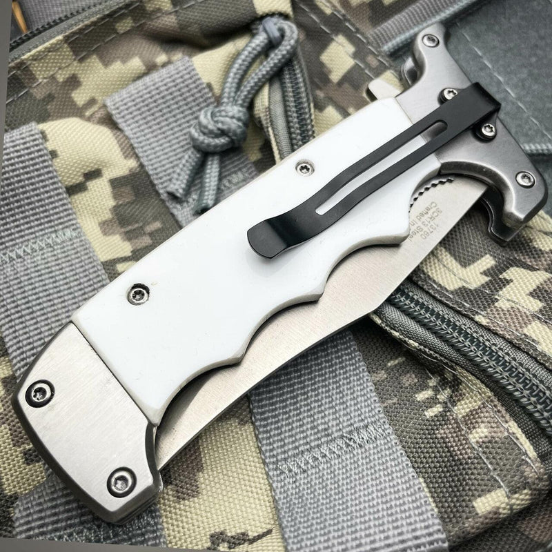 8.7" Outdoor Camping Spring Assisted Open Folding Pocket Knife White Bowie Style - BLADE ADDICT